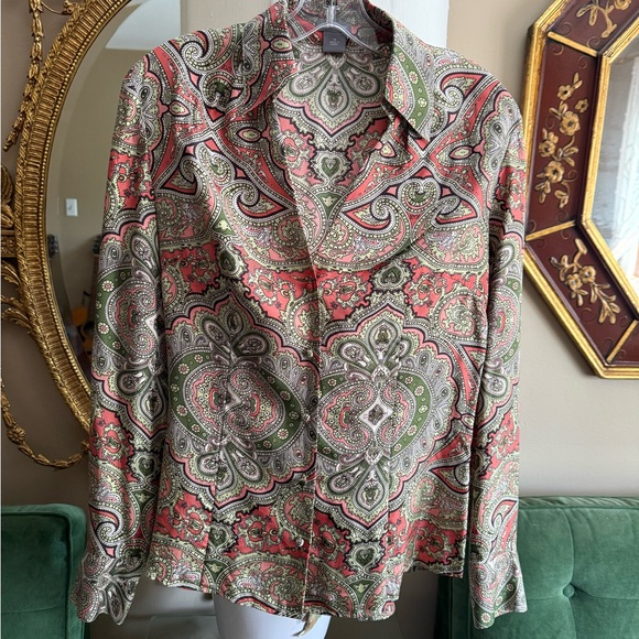 Ann Taylor Tops - Ann Taylor Vintage SilkPaisley Button-Front Women’s Shirt Jacket - Coral & Olive